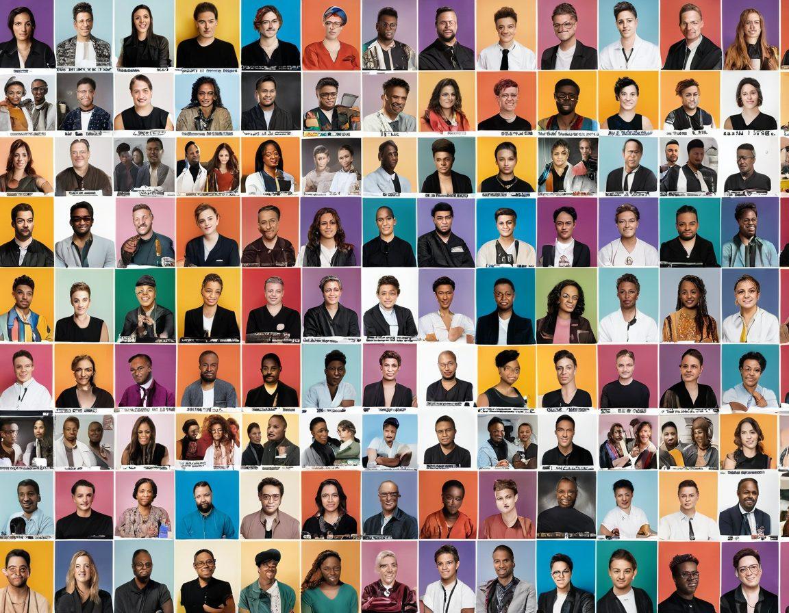 A dynamic collage showcasing a timeline of LGBTQ representation in media, featuring iconic moments from vlogs and documentaries, vibrant rainbow colors blending together. Include diverse characters, film reels, and social media icons, symbolizing the evolution of storytelling. The background should have a modern, cinematic feel. super-realistic. vibrant colors. white background.