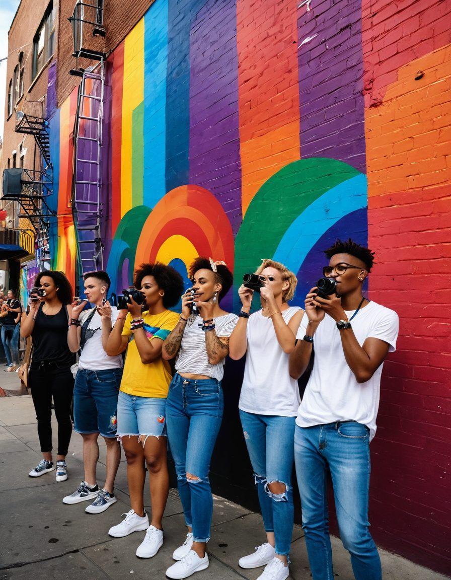 A vibrant city street scene showcasing a diverse group of LGBTQ individuals capturing videos with colorful cameras, surrounded by vivid street art murals that celebrate pride. The setting should exude energy, featuring rainbow flags, trendy urban fashion, and a sense of community and celebration. Highlight the contrast between gritty urban elements and colorful expressions of identity. super-realistic. vibrant colors. lively urban atmosphere.