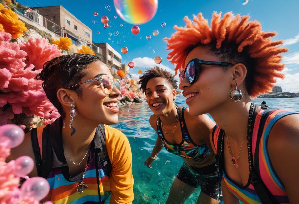 A vibrant underwater scene showcasing a diverse group of queer individuals joyfully engaging with elements of street culture, such as graffiti art and urban fashion. They are surrounded by colorful coral reefs that mirror street art styles, with bubbles containing symbols of LGBTQ+ pride. The background features sun rays filtering through the ocean surface, creating a magical and immersive atmosphere. super-realistic. vibrant colors. 3D.